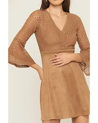 Shyanne Women's Faux Suede Lace Bell Sleeve Mini Dress