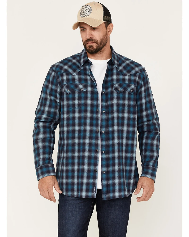 Moonshine Spirit Men's Ombre Plaid Print Long Sleeve Snap Western Flannel Shirt