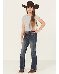 Grace LA Girls' Medium Wash Floral Butterfly Pocket Bootcut Stretch Denim Jeans