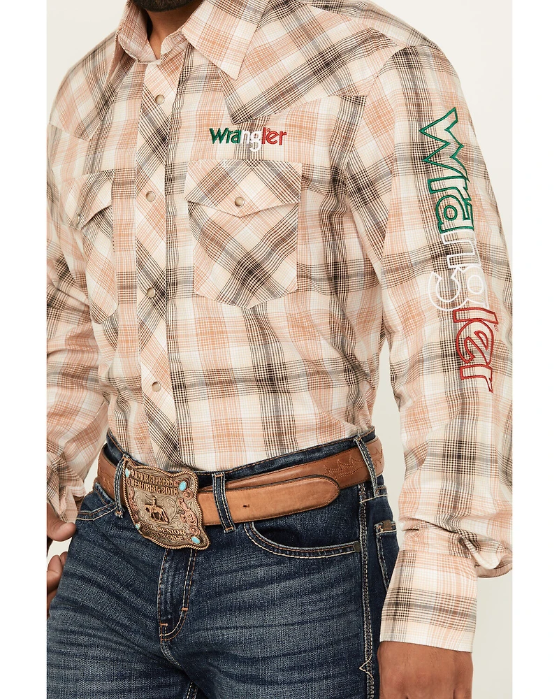Wrangler Men's Mexico Logo Plaid Print Long Sleeve Snap Western Shirt