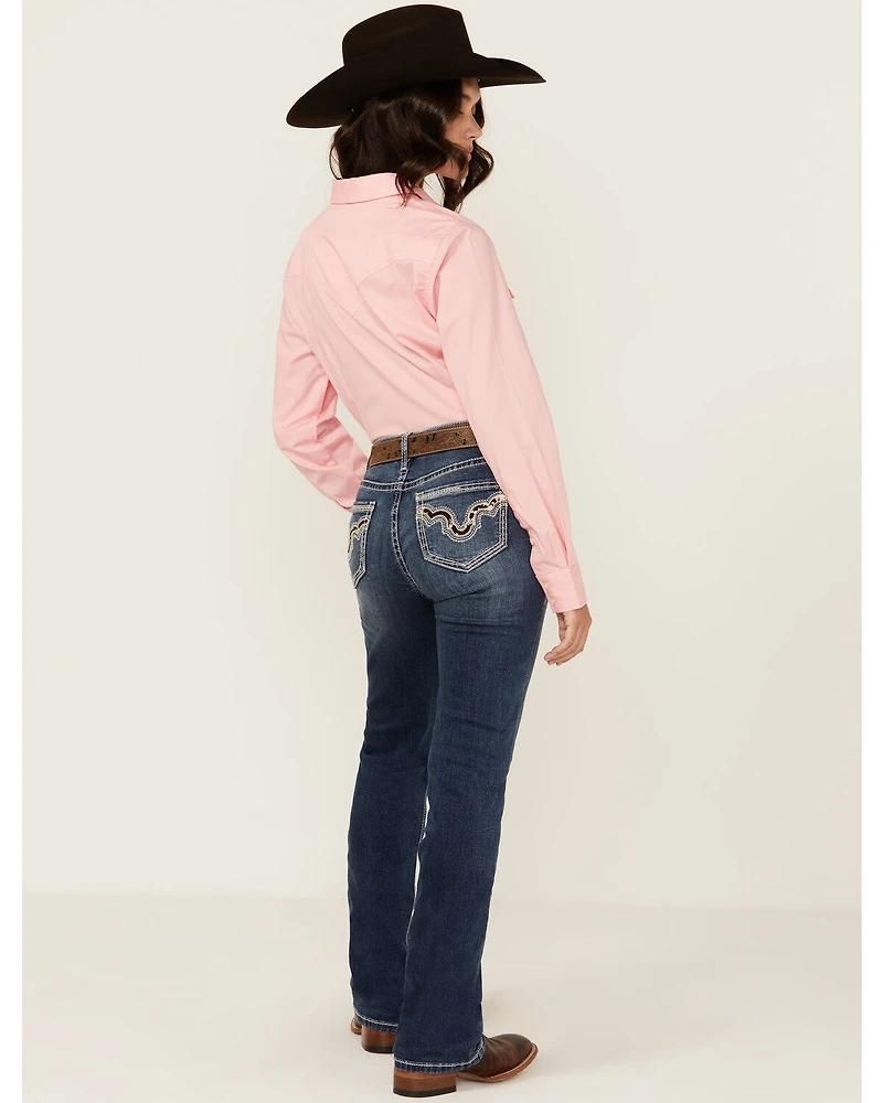 Rock & Roll Denim Women's Medium Wash Mid Rise Cowhide Pocket Bootcut Stretch Jeans