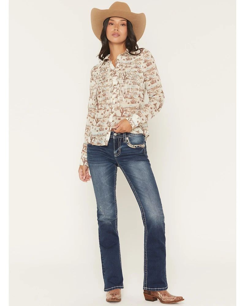 Miss Me Women's Medium Wash Mid Rise Border Pocket 30" Bootcut Stretch Denim Jeans