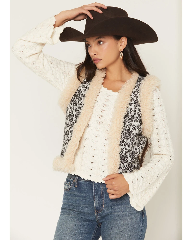 Rock & Roll Denim Women's Faux Fur Lined Floral Fashion Vest