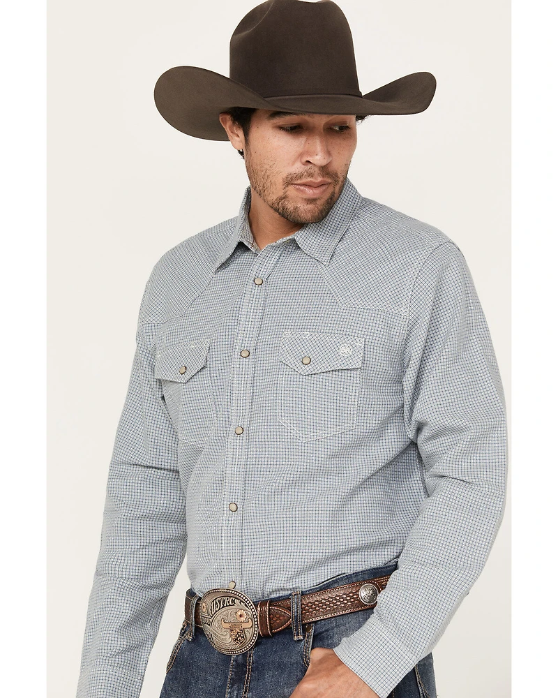 Blue Ranchwear Men's Plaid Print Long Sleeve Western Pearl Snap Shirt