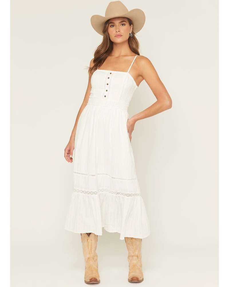 Miss Me Women's Sleeveless Button-Front Eyelet Trim Midi Dress