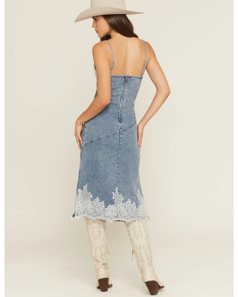 Blue B Women's Light Wash Lace Sleeveless Denim Midi Dress