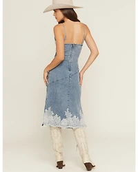 Blue B Women's Light Wash Lace Sleeveless Denim Midi Dress
