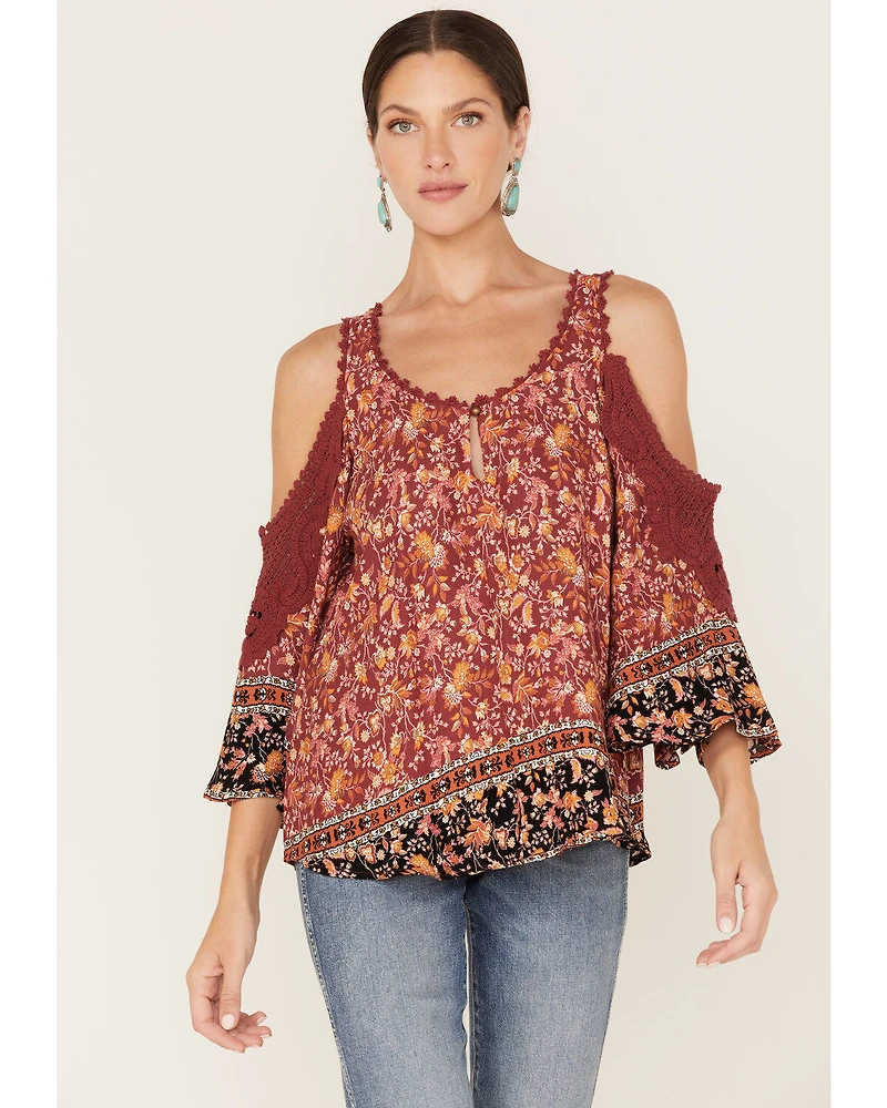 Wild Moss Women's Floral Print Cold Shoulder Top