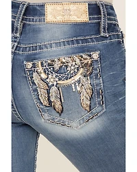 Miss Me Women's Dark Wash Mid Rise Dream Catcher Pocket 32" Bootcut Stretch Denim Jeans