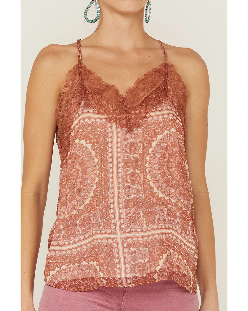 Miss Me Women's Medallion Print Lace Trim Cami