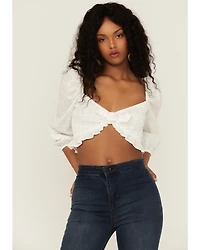 Lush Women's Long Sleeve Smocked Tie Front Blouse