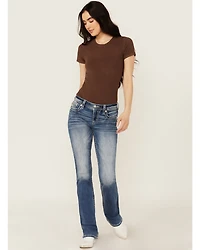 Miss Me Women's Medium Wash Floral Border Pocket 34" Bootcut Stretch Denim Jeans