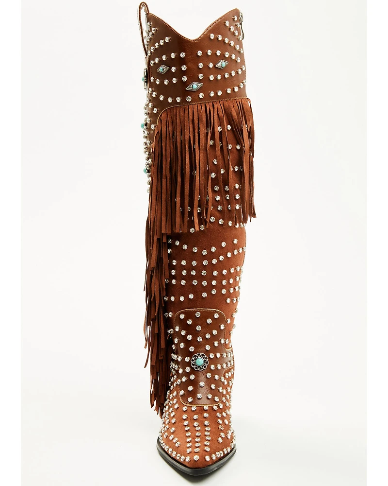 Azalea Wang Women's Bennett Embellished Fringe Tall Fashion Boots - Snip Toe