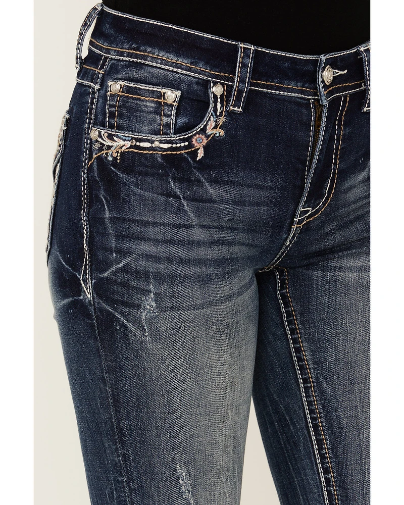 Grace LA Women's Medium Wash Floral Paisley Embroidered Mid Rise Bootcut Stretch Denim Jeans