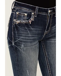 Grace LA Women's Medium Wash Floral Paisley Embroidered Mid Rise Bootcut Stretch Denim Jeans