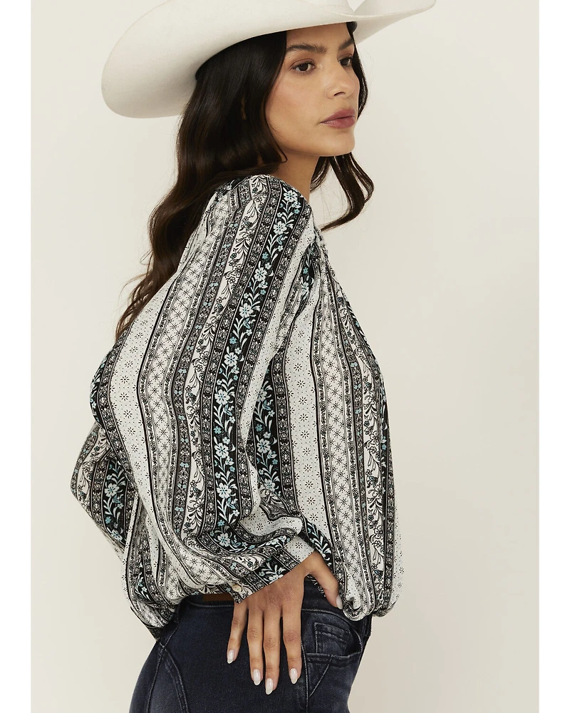Wild Moss Women's Floral Striped Print Long Sleeve Peasant Shirt