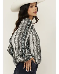 Wild Moss Women's Floral Striped Print Long Sleeve Peasant Shirt