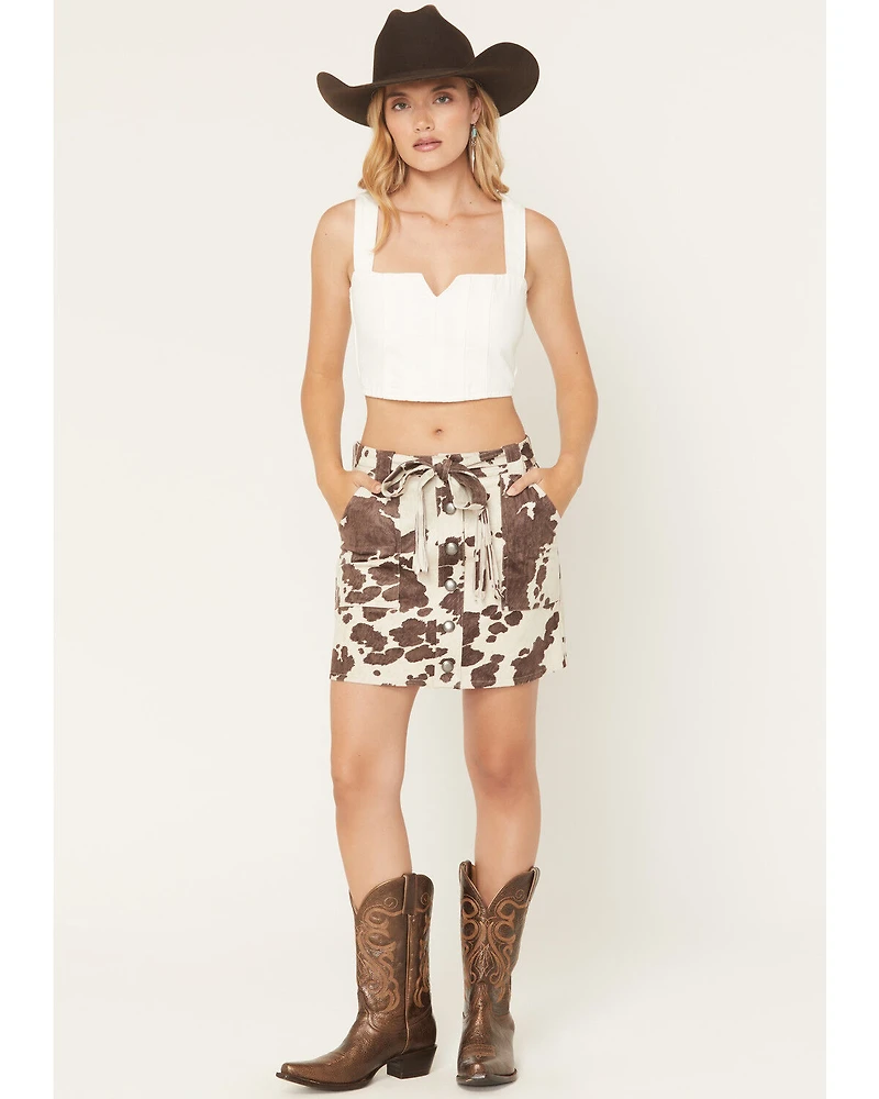 Shyanne Women's Sylvia Cow Print Faux Suede Belted Mini Skirt
