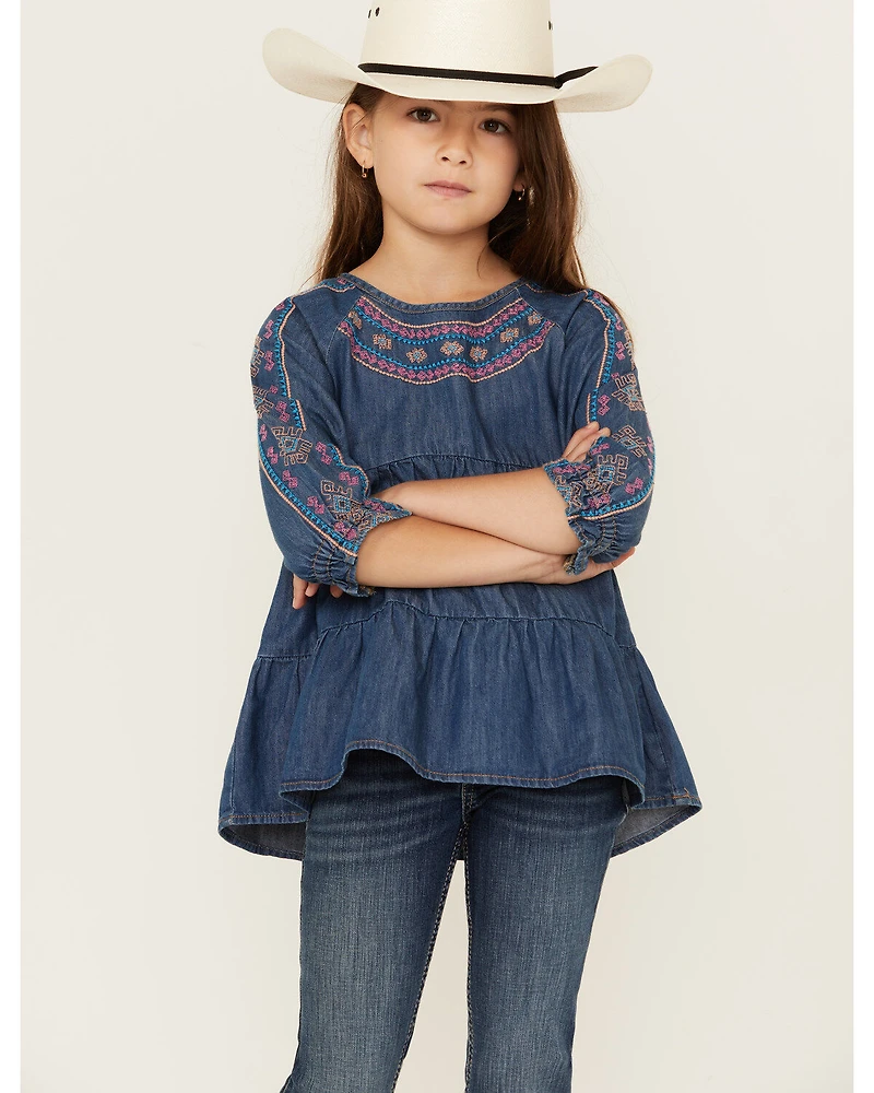 Wrangler Girls' Dark Wash Denim Embroidered Tunic Shirt