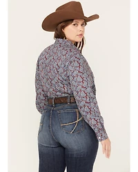 Roper Women's Paisley Print Long Sleeve Button Down Western Shirt - Plus