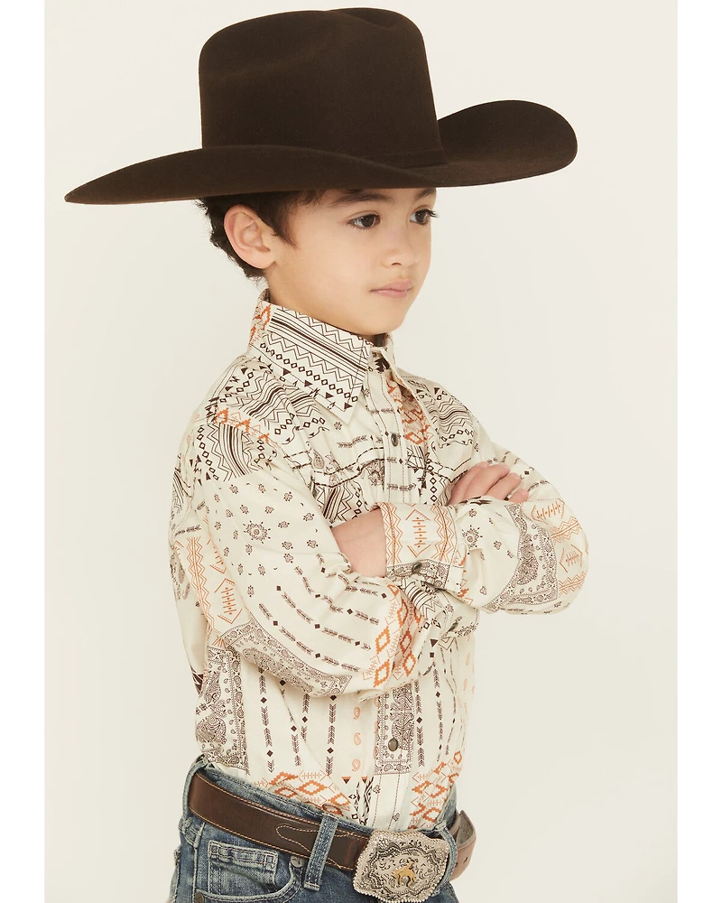 Cowboy Hardware Boys' Southwestern Bandana Print Long Sleeve Snap Stretch Western Shirt