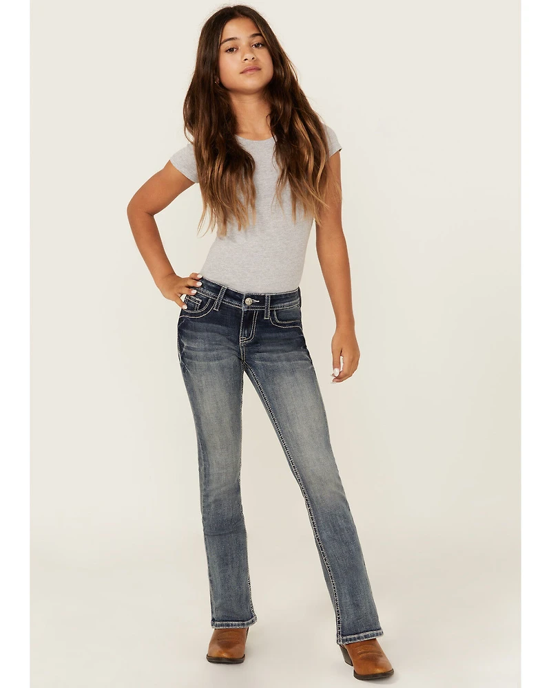 Grace LA Girls' Medium Wash Horse Patch Pocket Bootcut Stretch Denim Jeans