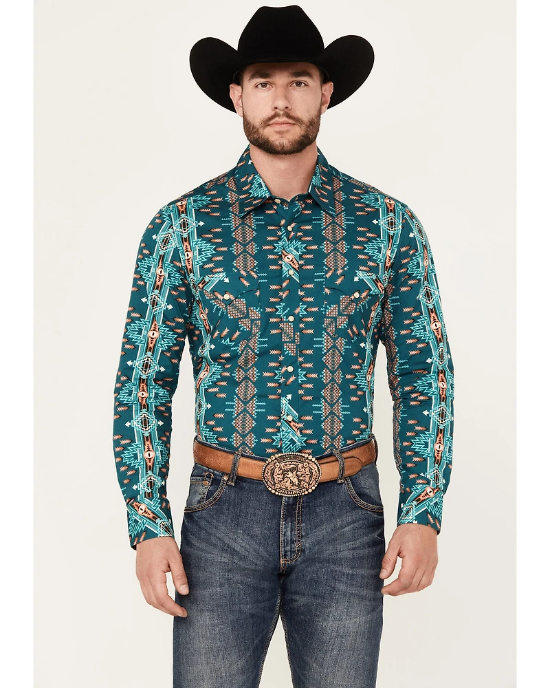 Rock & Roll Denim Men's Southwestern Print Stretch Long Sleeve Snap Western Shirt