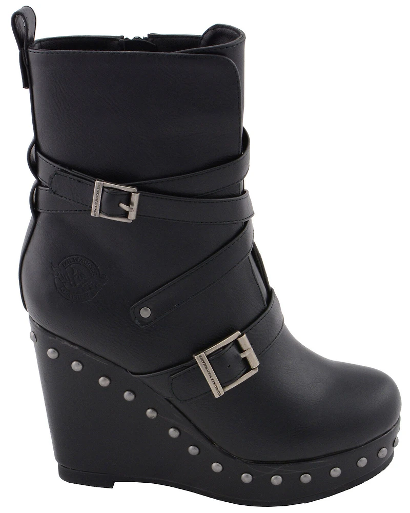 Milwaukee Leather Women's Triple Strap Wedge Boots - Round Toe