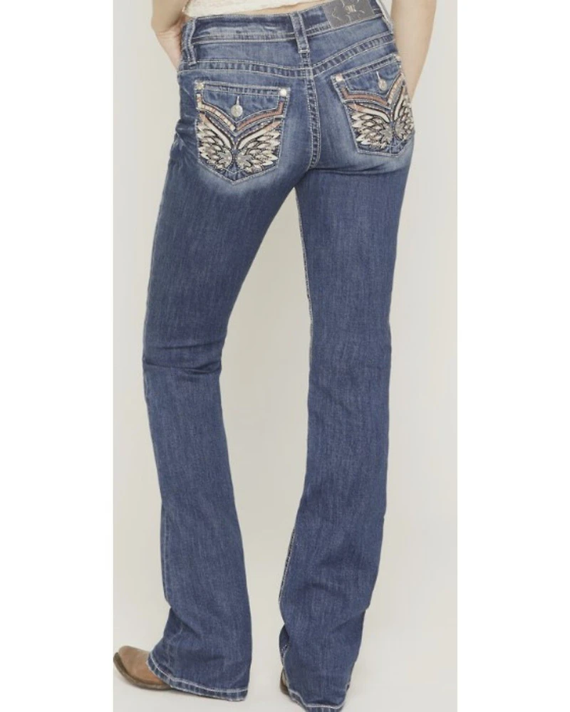 Miss Me Girls' Medium Wash Mid Rise Wing Pocket Bootcut Stretch Denim Jeans
