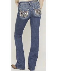 Miss Me Girls' Medium Wash Mid Rise Wing Pocket Bootcut Stretch Denim Jeans