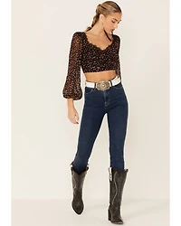 Lush Women's Lace Trim Rose Long Sleeve Crop Blouse
