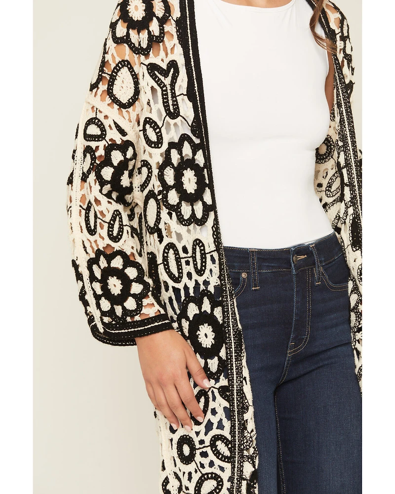 POL Women's Floral Crochet Long Sleeve Kimono