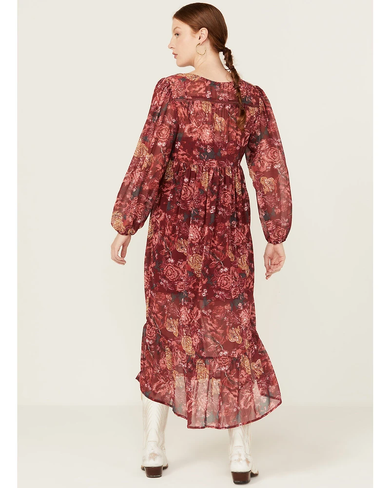 Beyond The Radar Women's Floral Print Crochet Trim Midi Dress