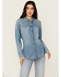 Wrangler Retro Women's Light Wash Embroidered Long Sleeve Pearl Snap Denim Western Shirt