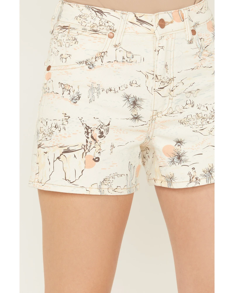 Wrangler Women's High Rise Sundown Printed Cowboy Stretch Denim Shorts