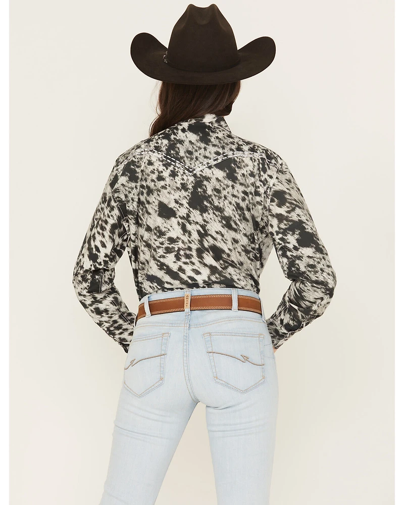 Cowgirl Hardware Women's Cowhide Print Long Sleeve Snap Stretch Western Shirt