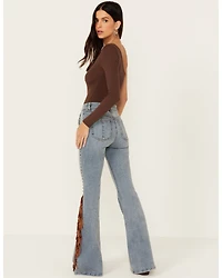 Shyanne Women's Tansy Medium Wash High Rise Fringe Stretch Flare Jeans