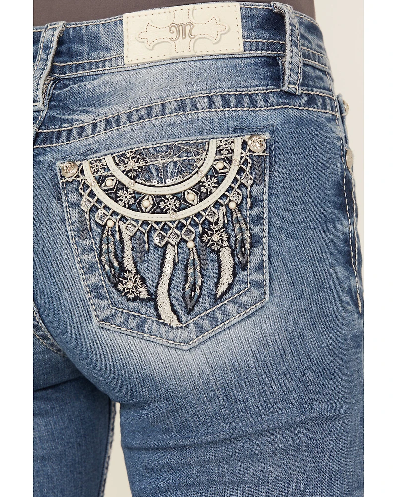 Miss Me Women's Medium Wash Dream Catcher Embroidered Mid Rise 32" Bootcut Stretch Denim Jeans
