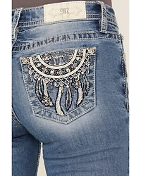 Miss Me Women's Medium Wash Dream Catcher Embroidered Mid Rise 32" Bootcut Stretch Denim Jeans