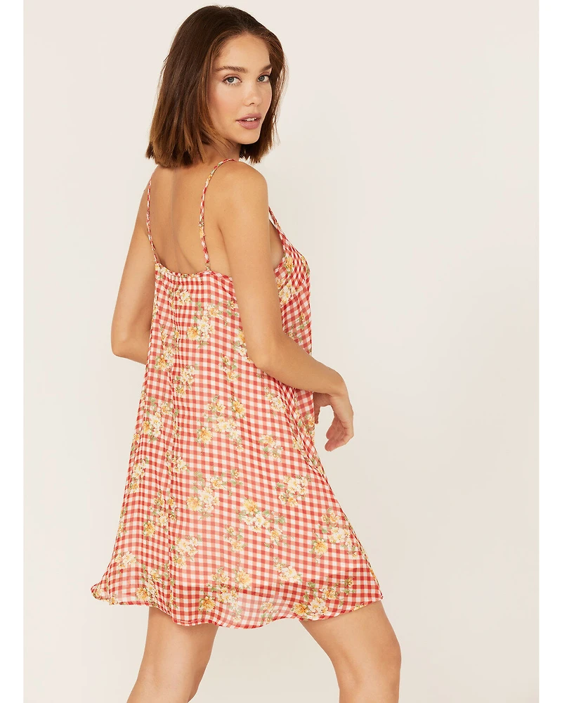 Wild Moss Women's Gingham Floral Print Slip Mini Dress