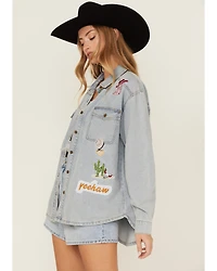 Blue B Women's Light Wash Denim Western Patchwork Long Sleeve Button-Down Shirt