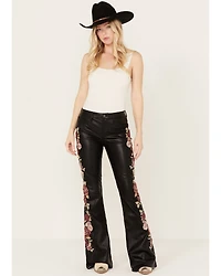 Driftwood Women's High Rise Vegan Leather Fallen Roses Flare Pants