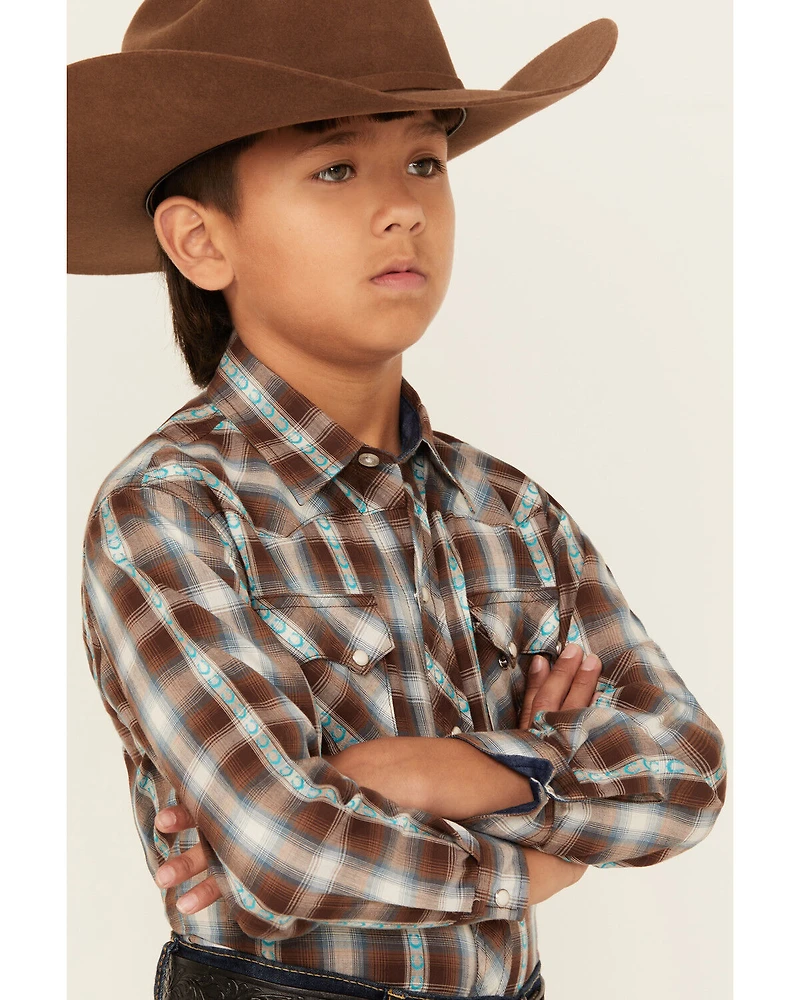 Roper Boys' Plaid Print Horseshoe Long Sleeve Snap Western Shirt