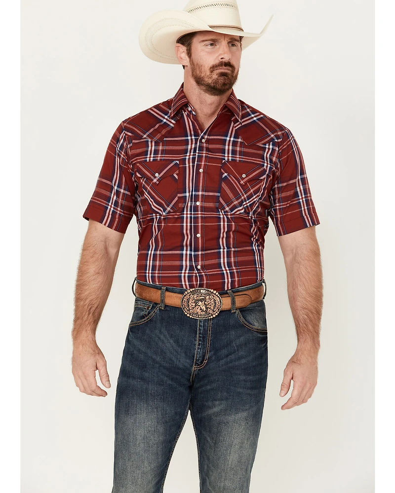 Ely Walker Men's Plaid Print Short Sleeve Pearl Snap Western Shirt