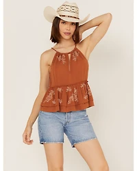 Shyanne Women's Textured Ruffle Embroidered Halter Keyhole Tank Top