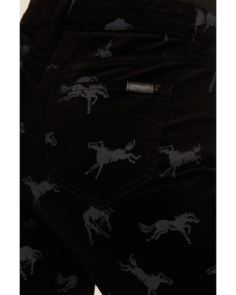 Rock & Roll Denim Women's High Rise Horse Print Modest Bootcut Stretch Corduroy Jeans