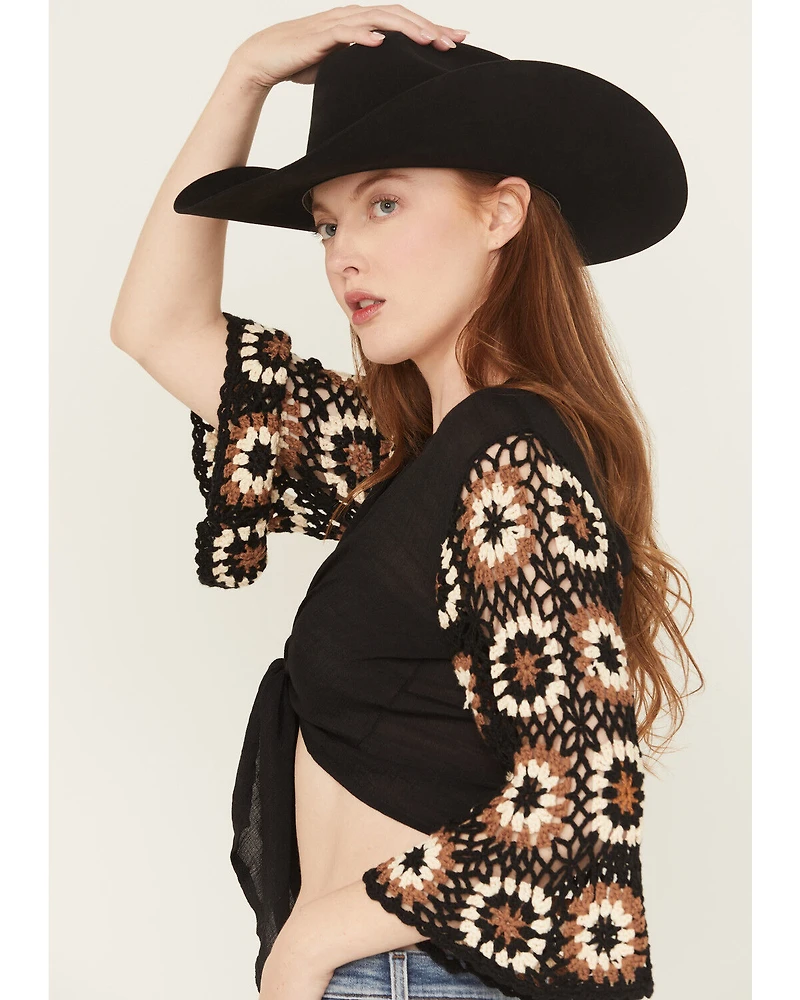 Revel Women's Crochet Tie-Front Long Sleeve Shirt