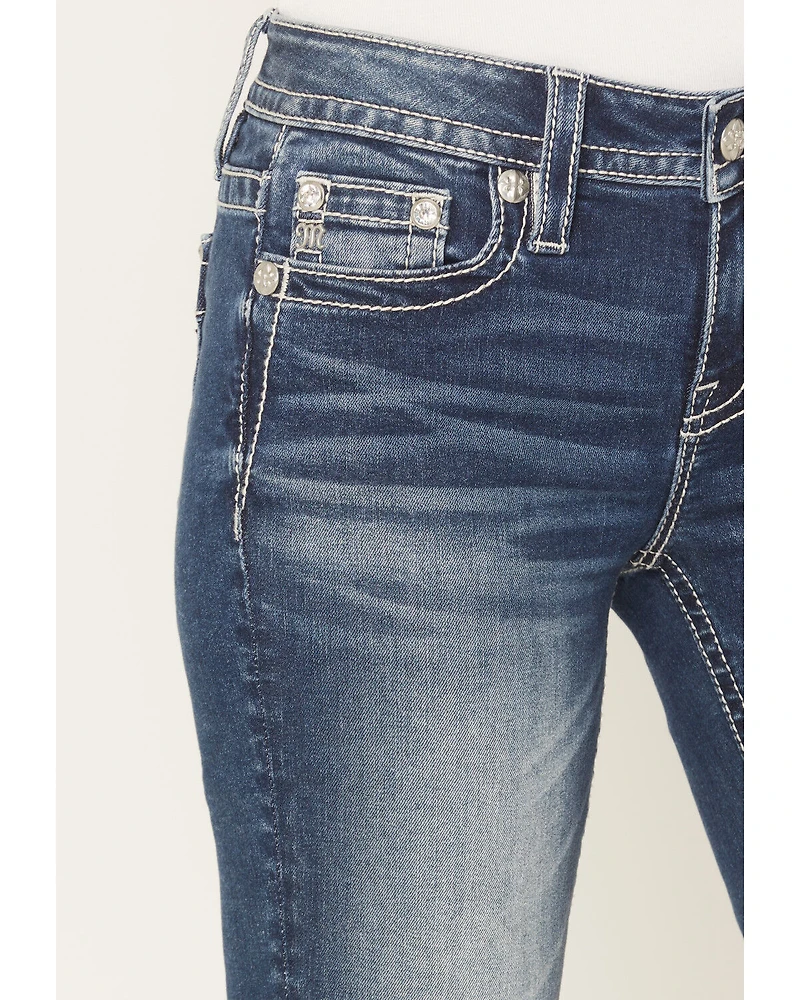 Miss Me Women's Dark Wash Mid Rise Embroidered Pocket 34" Bootcut Stretch Denim Jeans