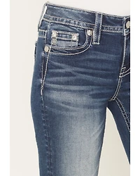 Miss Me Women's Dark Wash Mid Rise Embroidered Pocket 34" Bootcut Stretch Denim Jeans