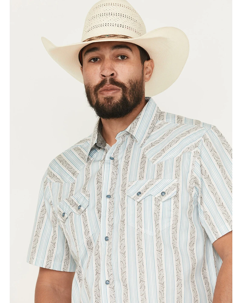 Moonshine Spirit Men's Hula Girl Floral Striped Print Short Sleeve Snap Western Shirt